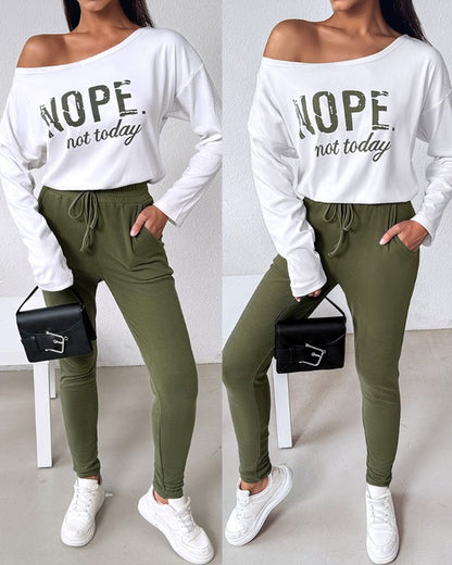 Nope Not Today Print Top & Drawstring Pants Set