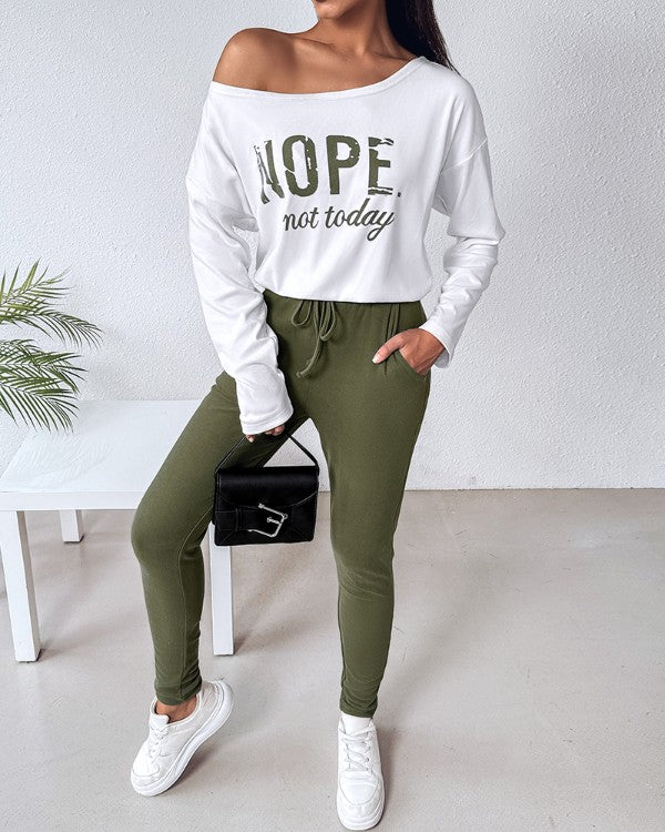 Nope Not Today Print Top & Drawstring Pants Set