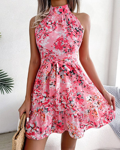 Ditsy Floral Print Tied Detail Ruffle Hem Casual Dress