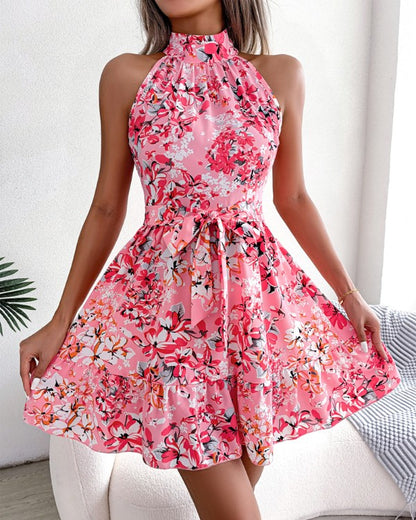 Ditsy Floral Print Tied Detail Ruffle Hem Casual Dress