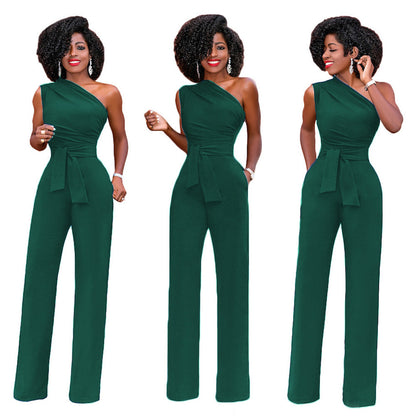 Solid color slant collar button up Jumpsuit