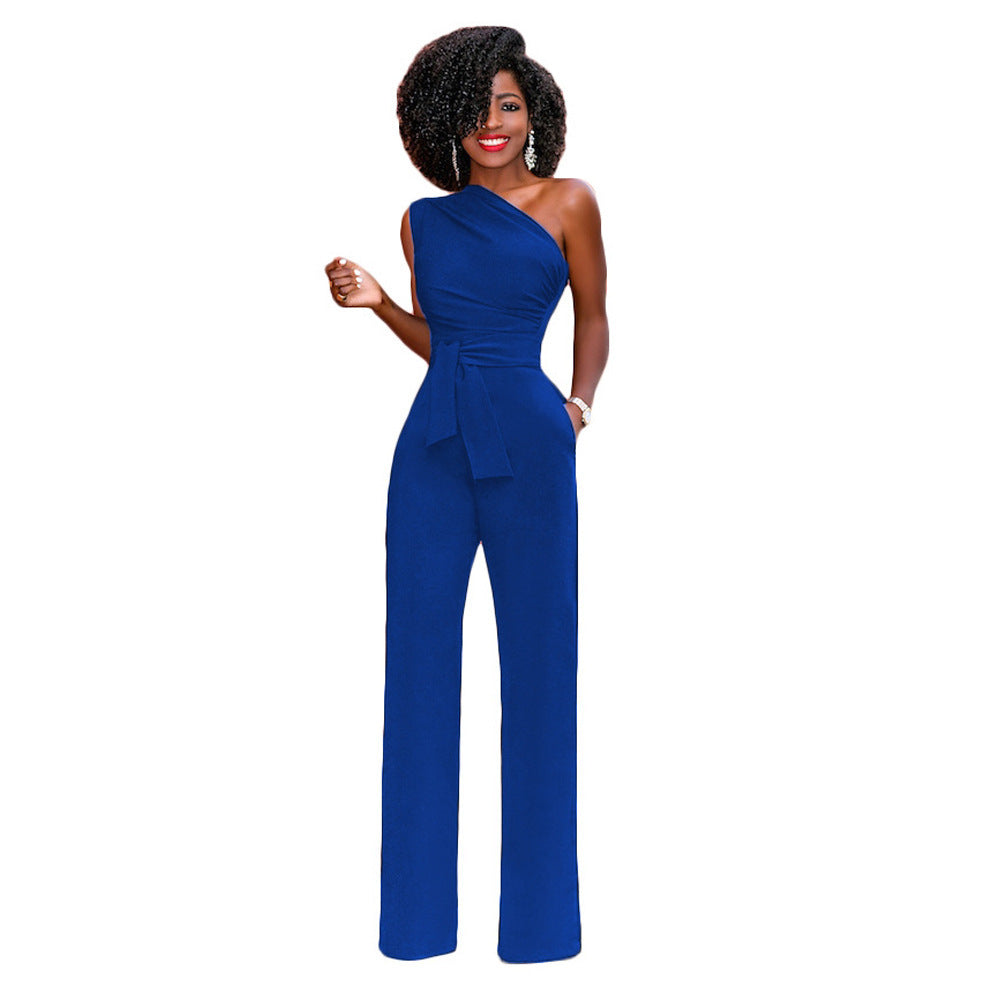 Solid color slant collar button up Jumpsuit