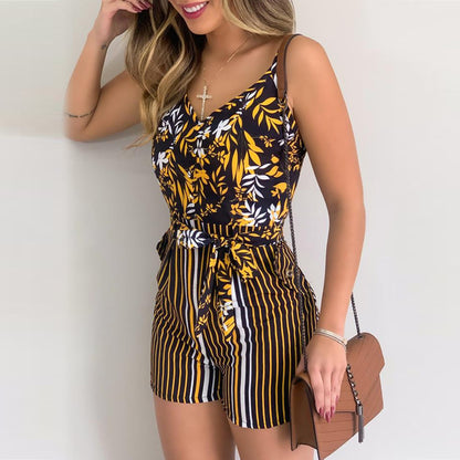 Autumn Print Striped Tie Romper