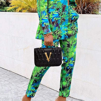 Autumn And Winter Amazon INS Tropical Rainforest Printed Suit Jacket  Trousers Casual Suit