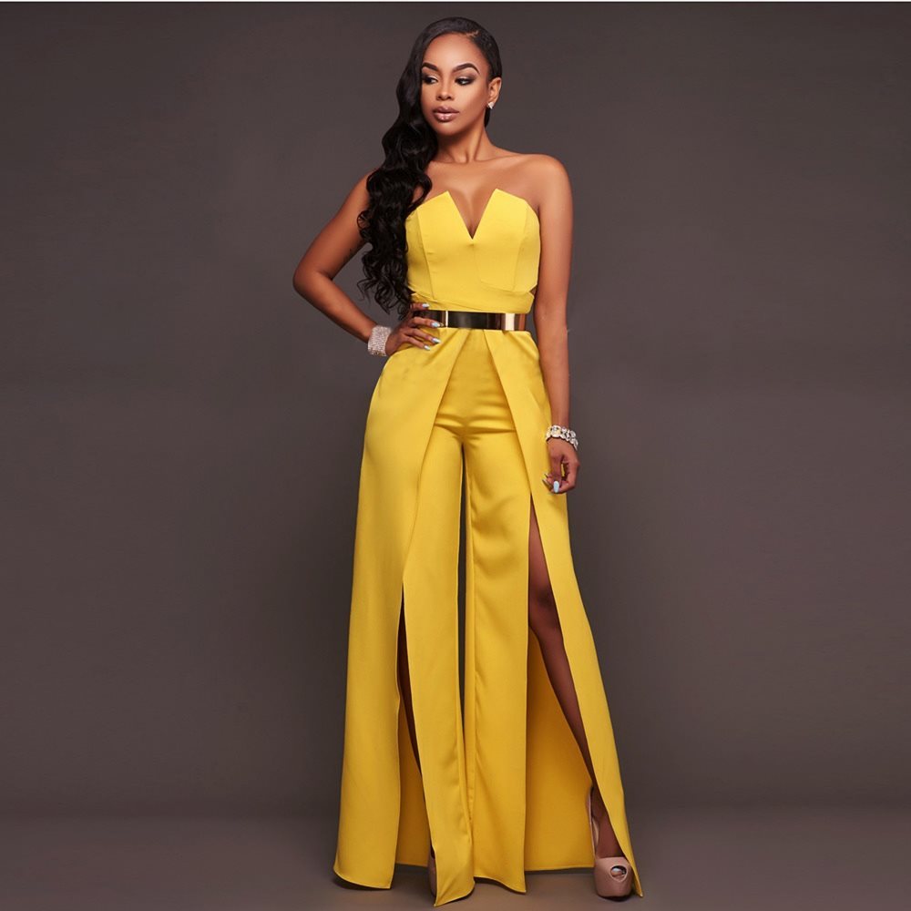 Hollow Long Jumpsuit Women Fashion Zipper Fitted Split Jumpsuit Elegant Breast Wide Leg Jumpsuit