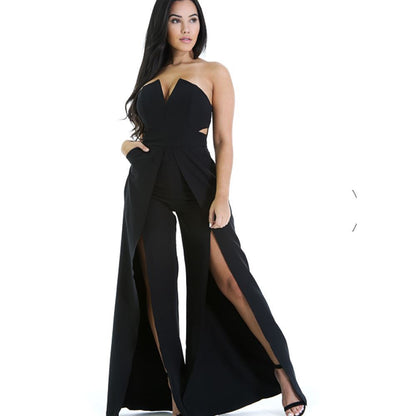 Hollow Long Jumpsuit Women Fashion Zipper Fitted Split Jumpsuit Elegant Breast Wide Leg Jumpsuit