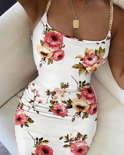 Floral Print Chain Decor Bodycon Dress