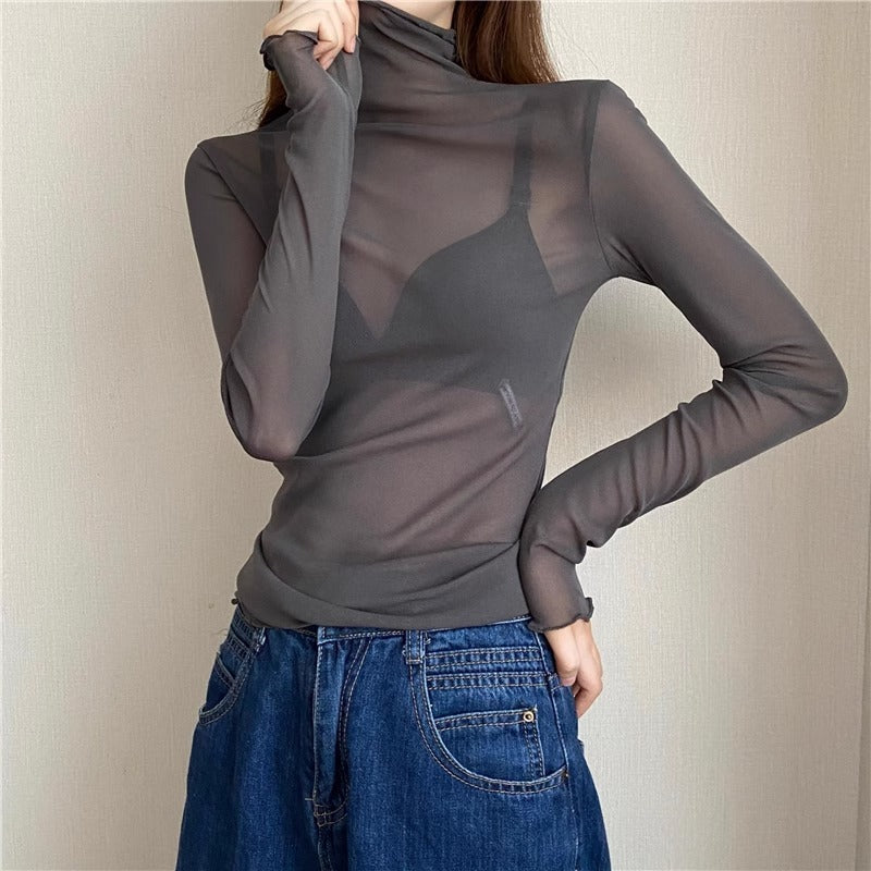 Women's Turtleneck Lace Bottoming Top With Wooden Ears