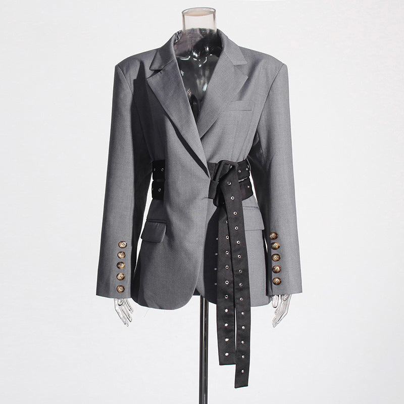 Textured Statement-Belted Power Blazer