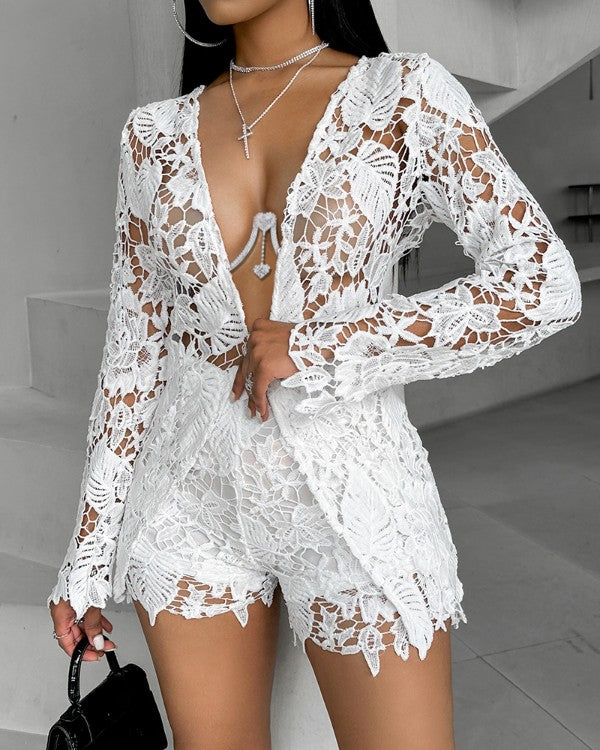 Long Sleeve Guipure Lace Top & Shorts Set