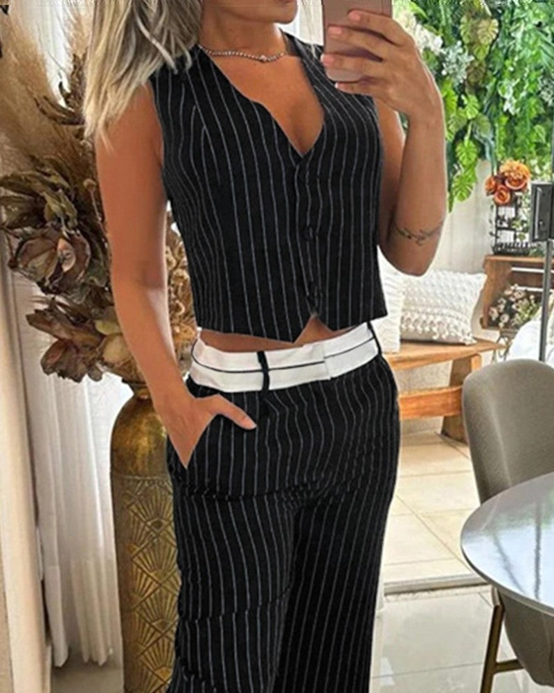 Striped Buttoned Vest Top & Pocket Design Pants Set