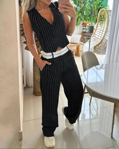 Striped Buttoned Vest Top & Pocket Design Pants Set