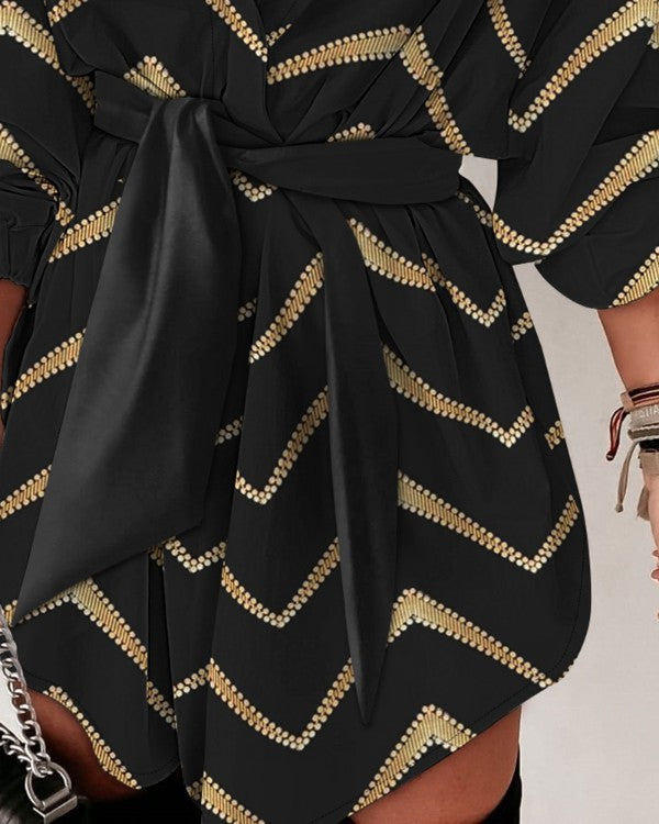 Bronzing Chevron Print Tied Detail Shirt Dress