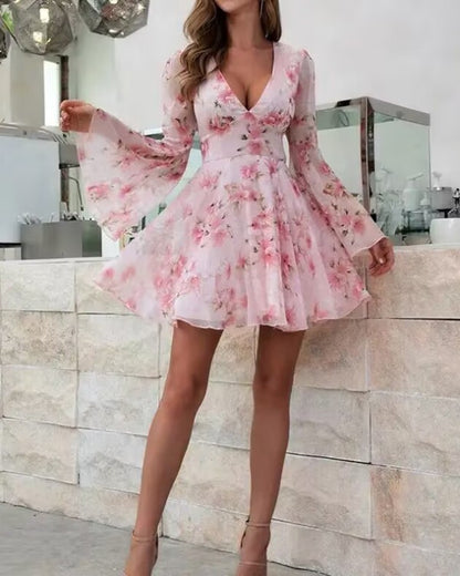 Floral Print Bell Sleeve Plunge Dress