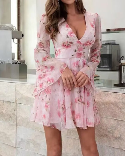 Floral Print Bell Sleeve Plunge Dress