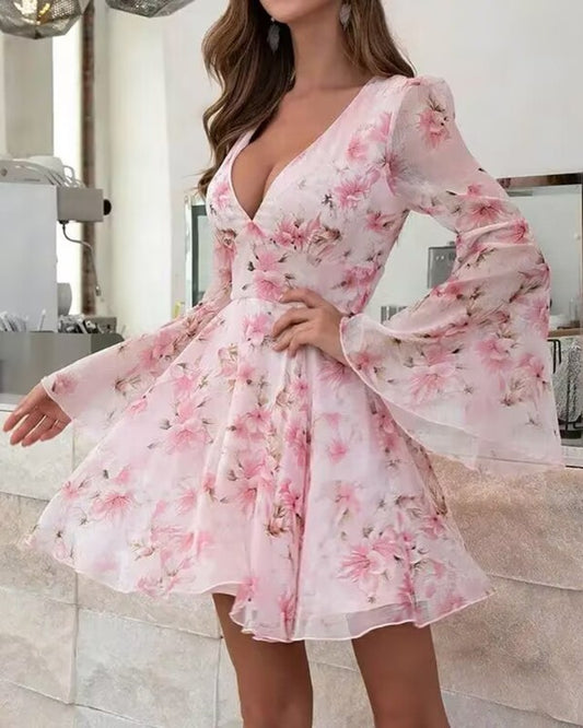 Floral Print Bell Sleeve Plunge Dress