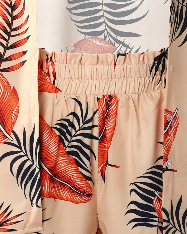 3PCS Tropical Print Lantern Sleeve Shirt & Shorts Set With Crop Top