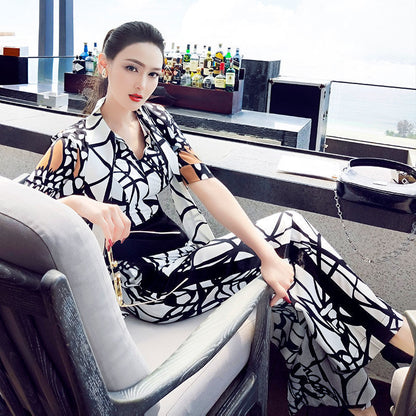 Printed One-piece Temperament Fried Street Jumpsuit Short-sleeved Wide-leg Pants