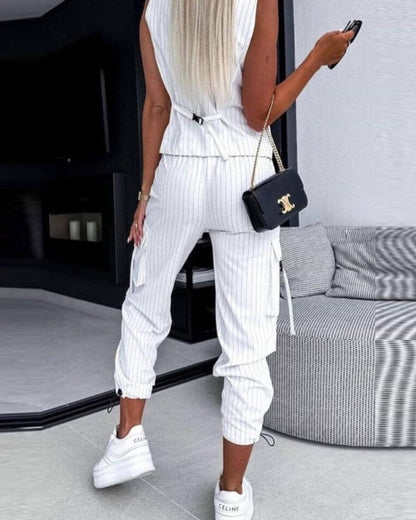 Striped Asymmetrical Vest Top & Cuffed Pants Set