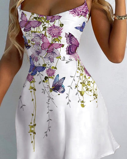 Butterfly Floral Print Satin Bodycon Dress