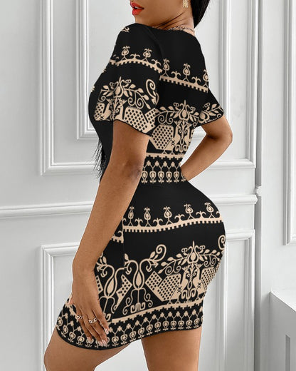 Tribal Print Plunge Bodycon Dress