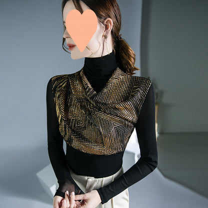 Golden Draped Sequin Overlay Top With Mesh Base