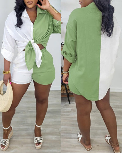 Colorblock Buttoned Asymmetrical Hem Top & Shorts Set