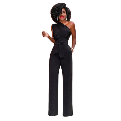 Solid color slant collar button up Jumpsuit