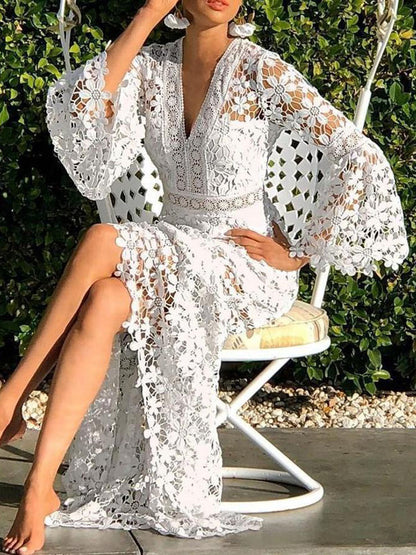 Floral Midi Dress Long Sleeve Hollow Floor-Length Lace V-Neck Pullover Women's Dress