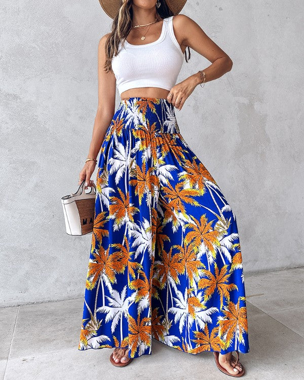 Coconut Tree Print Shirred Wide Leg Pants