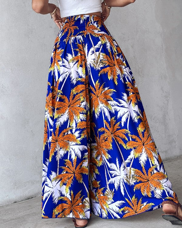 Coconut Tree Print Shirred Wide Leg Pants