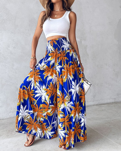 Coconut Tree Print Shirred Wide Leg Pants