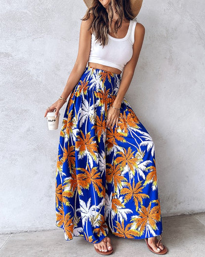 Coconut Tree Print Shirred Wide Leg Pants