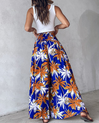 Coconut Tree Print Shirred Wide Leg Pants