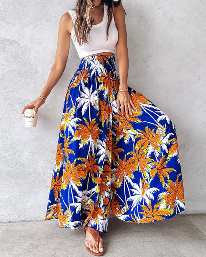 Coconut Tree Print Shirred Wide Leg Pants