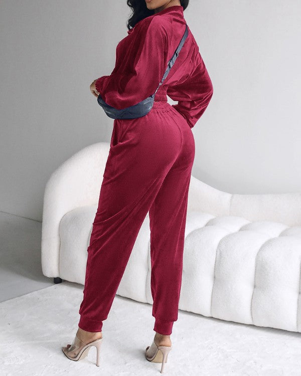 2 Piece Velvet Lounge Outfits Zip Up Crop Sweatshirt and Cuffed Sweatpants with Pockets