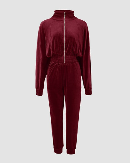 2 Piece Velvet Lounge Outfits Zip Up Crop Sweatshirt and Cuffed Sweatpants with Pockets