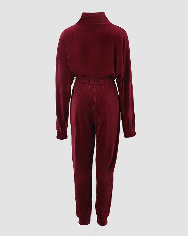 2 Piece Velvet Lounge Outfits Zip Up Crop Sweatshirt and Cuffed Sweatpants with Pockets