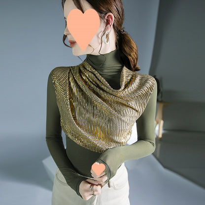 Golden Draped Sequin Overlay Top With Mesh Base