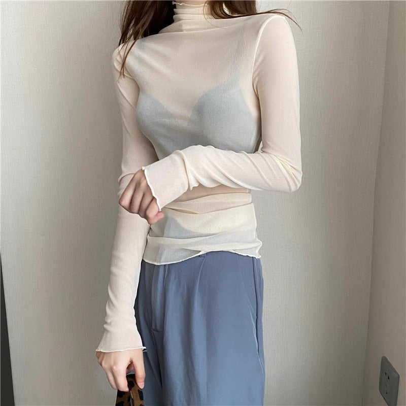 Women's Turtleneck Lace Bottoming Top With Wooden Ears