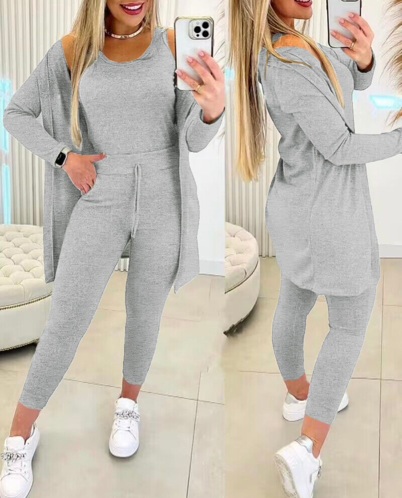 3PCS Round Neck Tank Top & Drawstring Pants Set With Coat