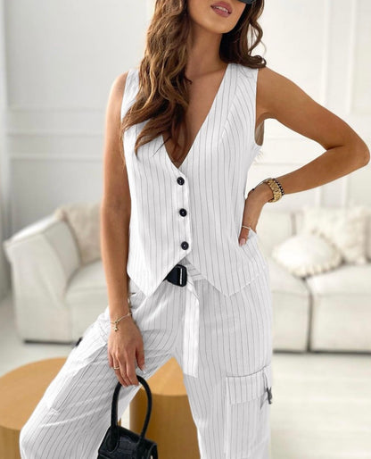 Striped Asymmetrical Vest Top & Cuffed Pants Set