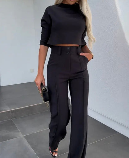 Mock Neck Crop Top & Pocket Design Buttoned Work Pants Set