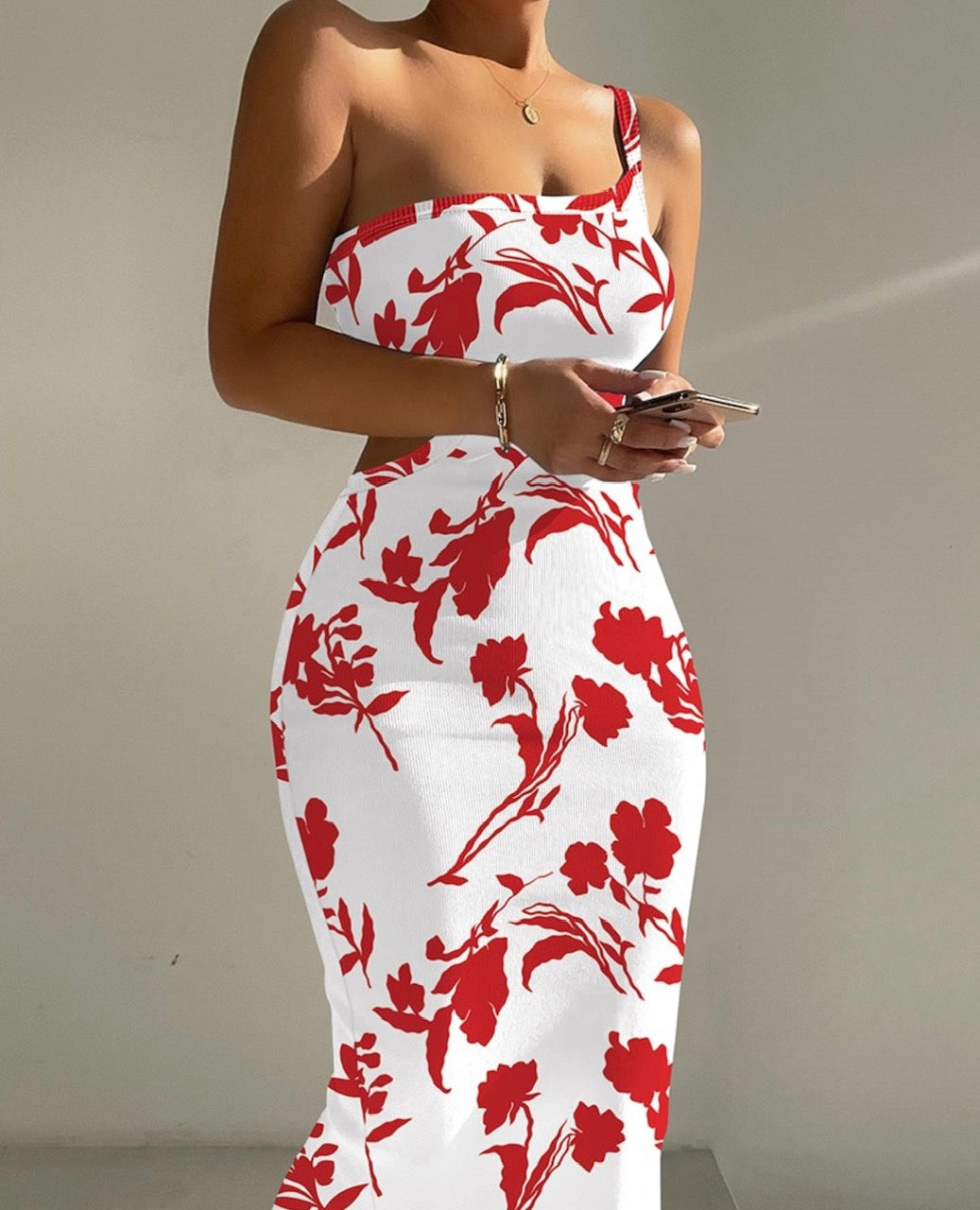 Floral Print One Shoulder Cutout Ribbed Bodycon Dress