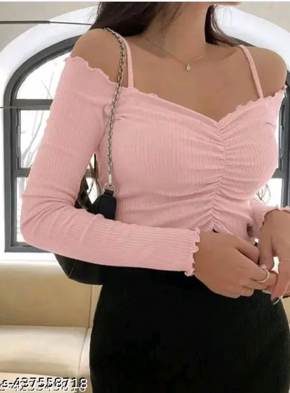 V- Neck Full Sleeve Gather Front And Elegant Dori Detail Top (Semi Off Shoulders)