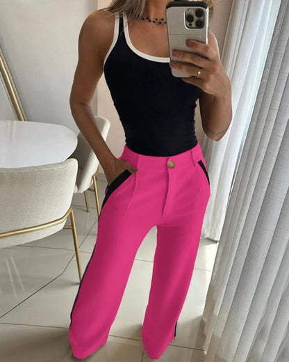 2 Piece Contrast Binding Sleeveless Slim Fit Tank Top and Striped Pants Sets Tracksuits Match Sets