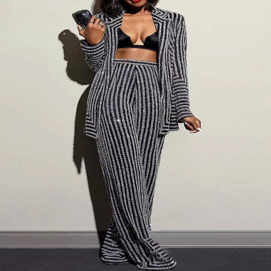 Stripe Pants Western Sequins Straight Women's Two Piece Sets