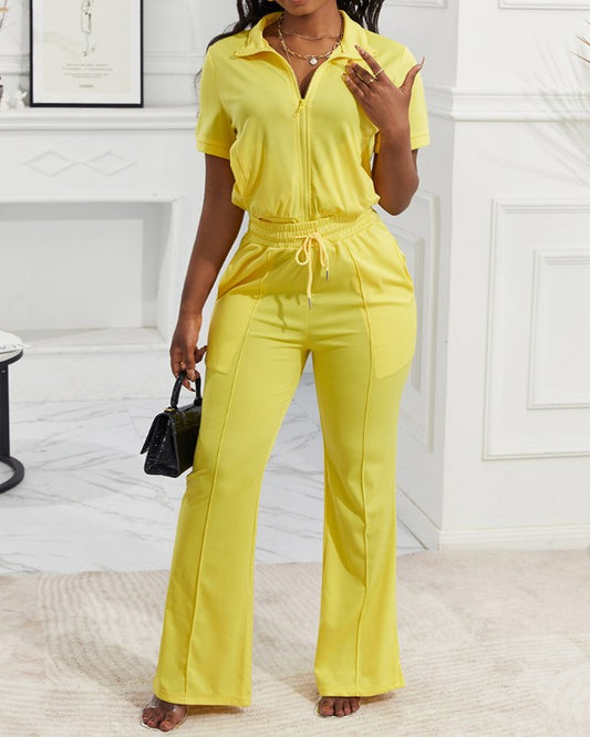 Short Sleeve Zip Up Top & Drawstring Pants Set