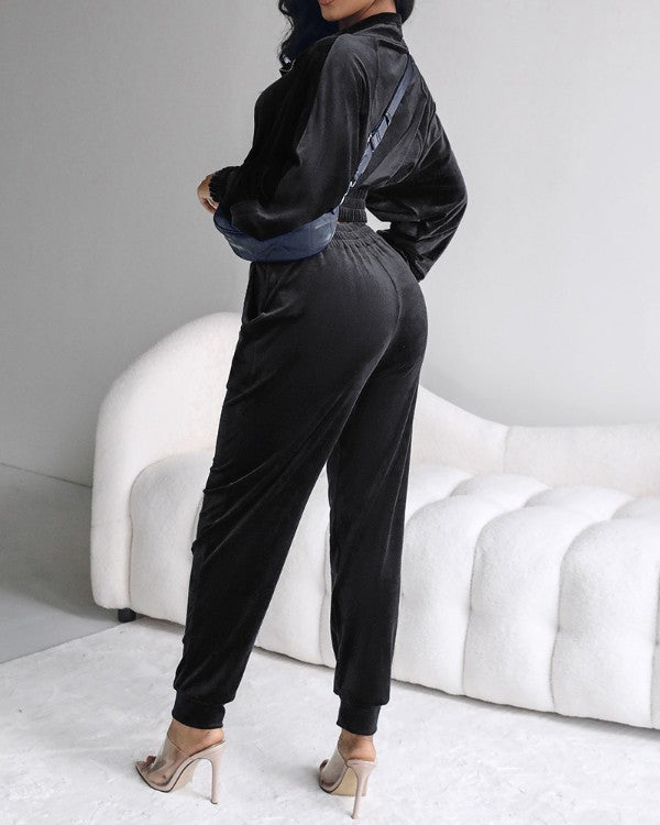 2 Piece Velvet Lounge Outfits Zip Up Crop Sweatshirt and Cuffed Sweatpants with Pockets