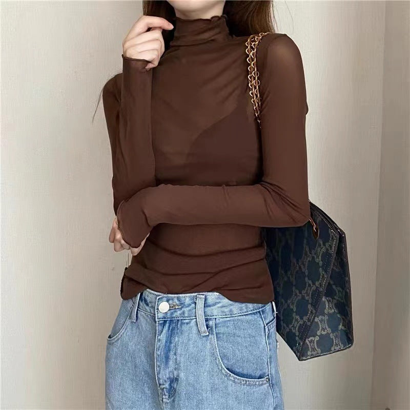 Women's Turtleneck Lace Bottoming Top With Wooden Ears